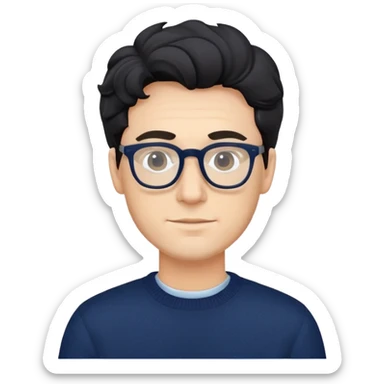 Caucasian man with black wavy hair wearing glasses and a long sleeve navy blue sweater sticker