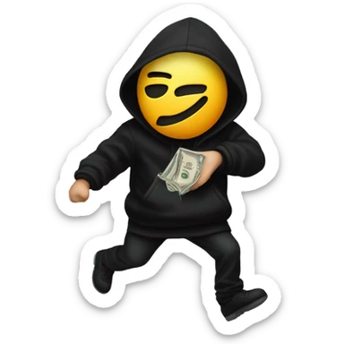 Thief wearing all black clothes actively stealing a money bag with the words Top Tier embroidered on it sticker
