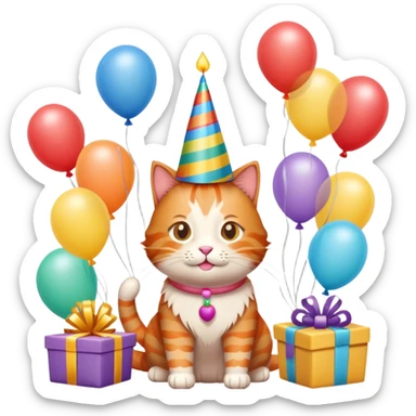 Ginger cat celebrates birthday, birthday hat, birthday cake, balloons, happy, gifts sticker
