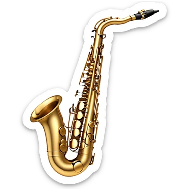Create a sleek and sophisticated emoji representing the Selmer Super Action 80 Series II saxophone. The design should feature the smooth, golden brass body of the saxophone with its shiny keys and beautiful curves. Highlight the iconic bell of the saxophone and the fine details of the keywork, including the pads and springs. Include the mouthpiece at the top with a reed visible, capturing its essential role in sound production. Use rich gold and brass tones for the instrument with subtle light reflections to enhance its professional appearance. Add musical notes floating around the saxophone to evoke its smooth, jazzy sound. The background should be transparent. sticker