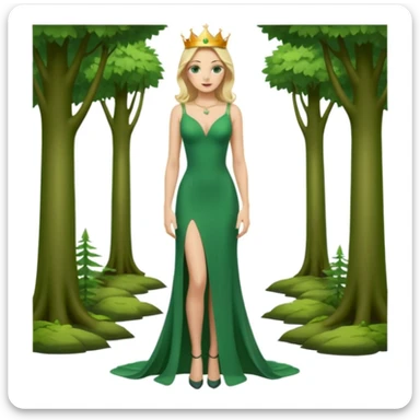 Queen, crown, blonde hair, green eyes, long green tight dress, decoltee,  Leg slit, whole Body, Background forest  sticker