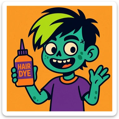 zombie boy with black and neon green emo hair, holding hair dye, playful, cartoonish sticker