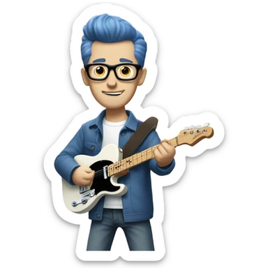 A nerdy white guy with glasses with short brown hair with a small quiff playing a blue classic telescaster sticker