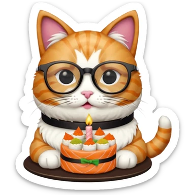 cat with cool square glasses eating a birthday cake made out of sushi sticker