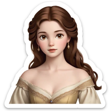 Cinematic Realistic Belle Portrait, depicted with lifelike skin texture, soft natural lighting, and intricately detailed brown hair styled elegantly. Her deep, expressive eyes exude warmth and intelligence, complemented by a serene and graceful expression. She is dressed in her classic attire, with rich fabric textures and delicate folds that catch the light beautifully. The portrait features a soft, enchanting glow with a natural, radiant finish, capturing the essence of timeless beauty in a realistic and painterly style, evoking a sense of depth and authenticity. sticker