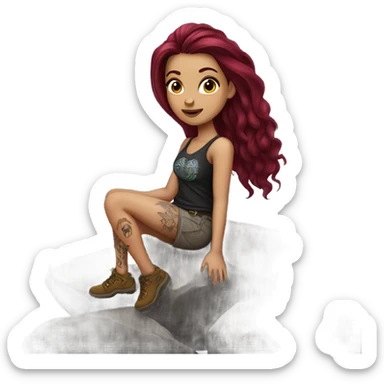 Beautiful tattooed woman long burgundy hair climbing rocks sticker