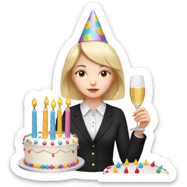 una festa di compleanno con una camicia bianca UNA ragazza con il caschetto e una torta e un cappellino  sticker