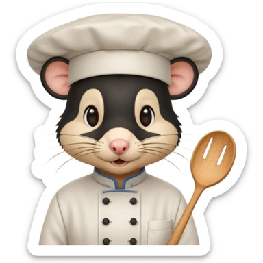 A rat with a fringe, long black hair and chefs hat sticker