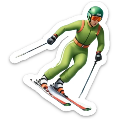 An icon featuring snowy peaks, pine trees, and a picturesque mountain landscape with a skier racing down a snow-covered slope, The sky is blue with soft clouds, capturing the thrill and beauty of alpine skiing. Transparent background highlights the excitement and serenity of winter sports. sticker