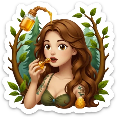 forest mystic woman long wavy brown hair tattoos licking honey from finger flirty sticker