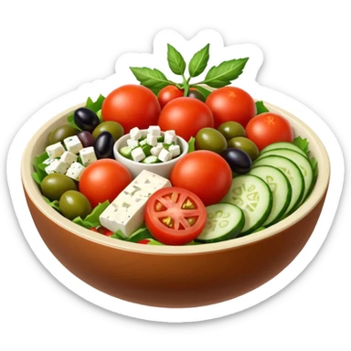 mediterranean salad bowl object icon, tomatoes, cucumbers, olives, feta cheese, olive oil dressing, 3D cartoon, mobile game icon style, clean background, no text, no watermark
 sticker