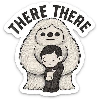 Further reduce the image file size while keeping the background transparent and preserving the 'there there' text through the head of the Abominable Snowman hugging the much smaller kid. Prioritize file size reduction. sticker