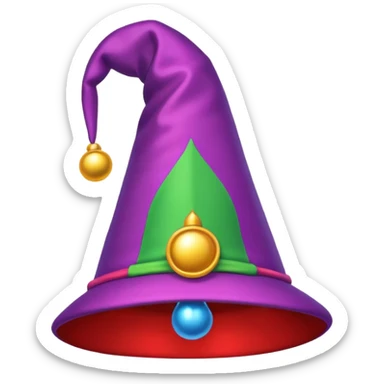 a jester's hat, vibrant and playful, with bells on the tips, classic emoji style sticker