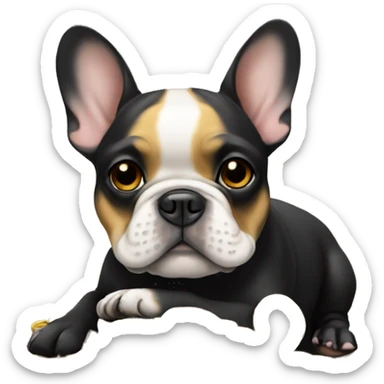 Black-and-tan French bulldog laying on big gold coins sticker