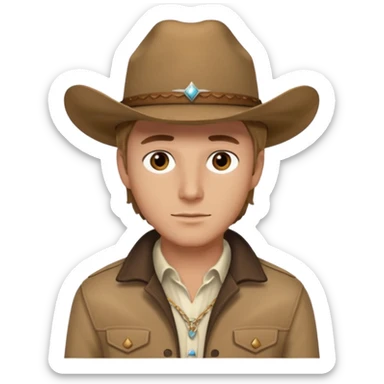 Ennis Del Mar (Male) from Brokeback Mountain with brown eyes, dark blonde hair, ivory shirt, brown jacket and cowboy hat sticker