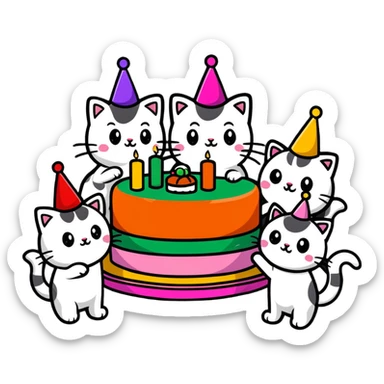 six happy cats wearing colorful party hats celebrating a birthday party around a festive cake made entirely of sushi with candles sticker