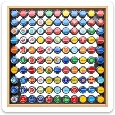 Icon for Bottle Cap Collecting (Capsophilia): a collection of colorful and unique bottle caps from various drinks, neatly arranged in a display case or on a table. The icon should emphasize the variety and charm of collecting bottle caps. Transparent background. sticker