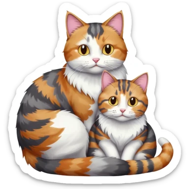 full body colourful light patched calico + white tabby cat cuddling a bigger cat that is dark grey and white tabby cat  and they are in love sticker