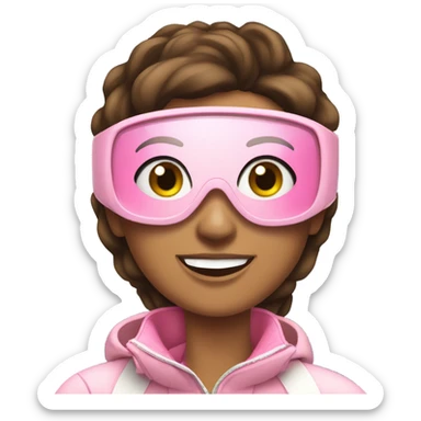 brunette girl in a light pink ski suit skiing at a ski resort. She is smiling, surrounded by snowy slopes and pine trees, with mountains in the background under a clear blue sky sticker