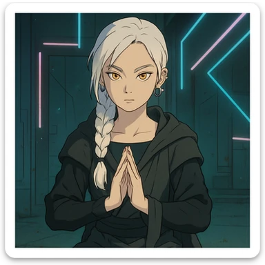  a closeup portrait of young woman with gold yellow eyes, white hair, long braid, black off-shoulder top, punk gothic style, futuristic cyberwave cyberpunk,  jedi attire, kneeling and gathering chi, jedi meditate sticker