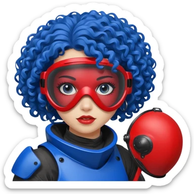 blue curly girl with huge earrings playing paintball with red paintball helmet with eye protection, only face  sticker