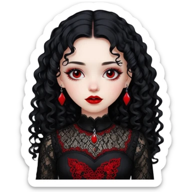 A girl with a red goth vampire look in a black and red goth lace dress with long sleeves and long black curly hair bold look on her face sticker