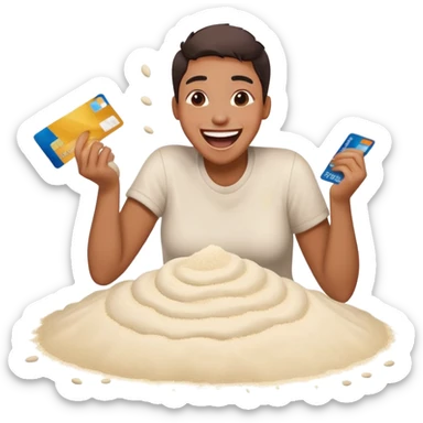 hysterically happy emoji with credit card in hand and a pile of flour sticker