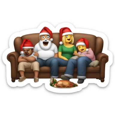 Family sitting on couch wearing Christmas hats. All with fat belly’s. Two people sleeping, one person burping. With Christmas dinner on floor.  sticker