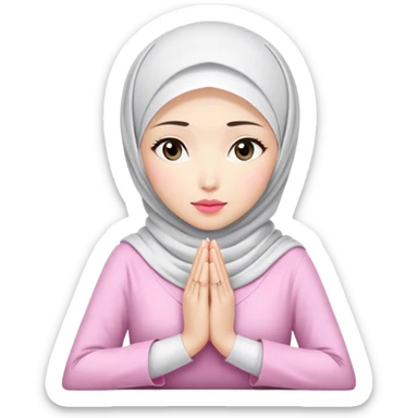 An white Asian woman, white hijab women are listening with her hands folded on the table. her lips is pink. sticker