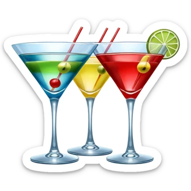 Create an two emoji of red and yellow martini cocktail, cheers with blue and green cocktail, no tube just cocktail in glass sticker