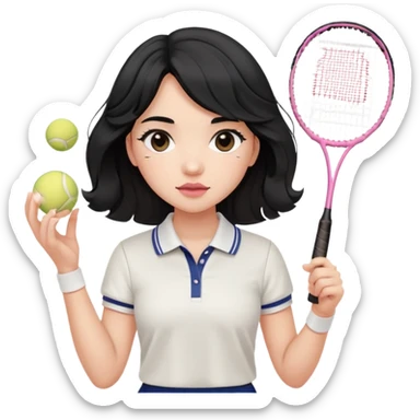 A girl with soft, gentle black hair with waves. She's wearing a white polo and tennis skirt, holding a badminton. She has really long lashes, slightly plump and pink lips as well as blushy cheeks. sticker