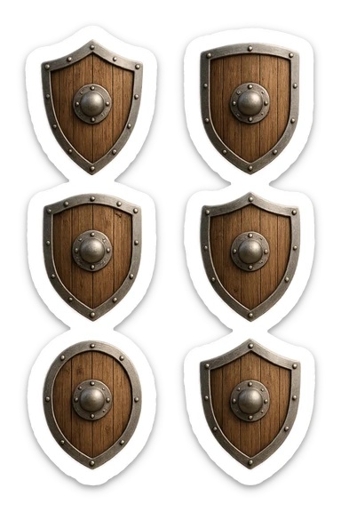 6 scudi 3d che simboleggiano "difesa e protezione", realistici in 3d fluttuano in aria, iperrealistico 4k sticker