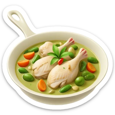 Cinematic Realistic Green Chicken Curry Dish Emoji, depicted with tender chicken simmered in a fragrant green curry sauce with vegetables rendered with rich textures and dynamic, vibrant lighting. sticker