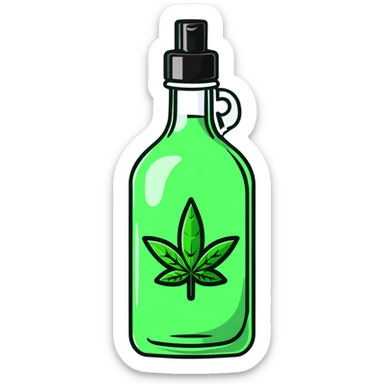Curved red glass bottle like Coca-Cola with a green cannabis leaf printed on it and a label sticker