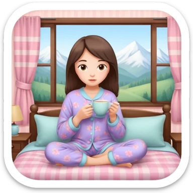 girl in cozy pajamas drinking tea, pastel room, calm atmosphere sticker