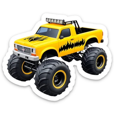 Maximum Destruction - Monster Jam (Model Year: 2021) (Iconic colour: Yellow with black flames) - A ferocious monster truck featuring a vivid yellow base accented by dramatic black flame patterns. Emphasize sharp, high-contrast flame streaks across the body, creating a look of aggressive, explosive energy. sticker