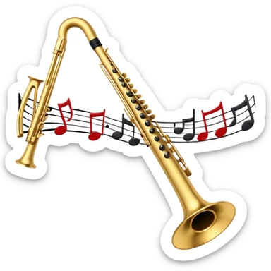 Create a sophisticated and elegant emoji that represents orchestration and arrangement. The design should feature a conductor’s baton, musical notes, and a symphonic score, symbolizing the process of arranging and orchestrating music. Incorporate instruments like a violin, trumpet, and piano keys subtly in the background, representing different sections of the orchestra. Use classical and refined colors such as gold, deep red, and black to evoke the grandeur and precision of orchestration. The background should be transparent. sticker