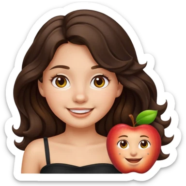 Transform the girl into an iOS Apple emoji style with a round face, simplified features, smooth shading, large expressive hazel eyes, dark brown long wavy hair, wearing a black tube top, on a neutral background, matching the look of Apple emoji style. sticker