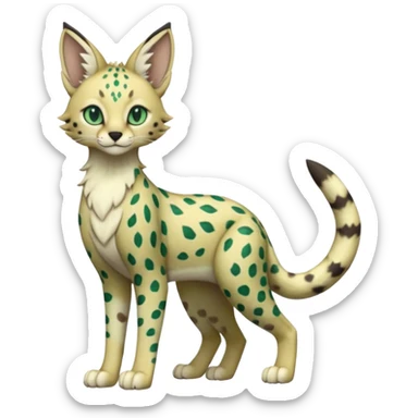 Epic complex detailed emerald-green dark-brown beige pastel realistic aesthetic-scenic-Fakémon-Sprigatito-Floragato-Meowscarada-Trico-Sergal-Serval-Vernid-creature (full body) sticker
