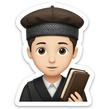 a boy with kippa and not a hat putting on tefillin sticker