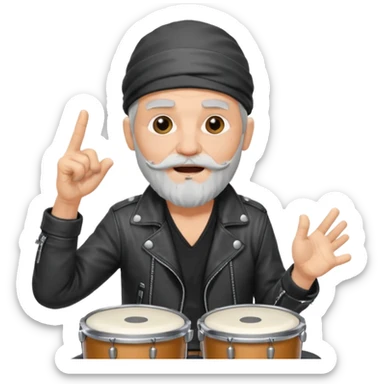elderly rock musician drummer singing, gray beard, bandana, leather jacket, playing drums, microphone, dynamic pose sticker