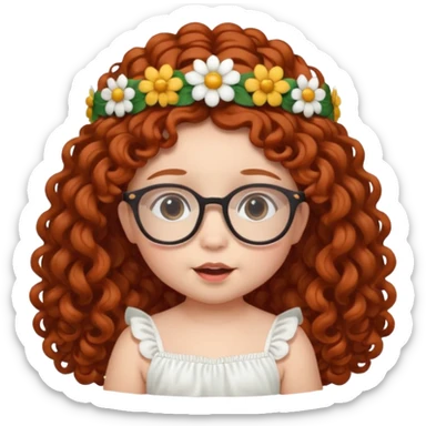 baby with big flower tiara dark ginger long curly hair and glassess sticker