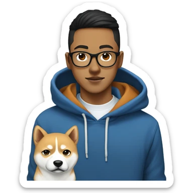 A young guy with white ponytail, black-framed glasses, a nose piercing, a blue hoodie and a Shiba Inu dog next to him sticker