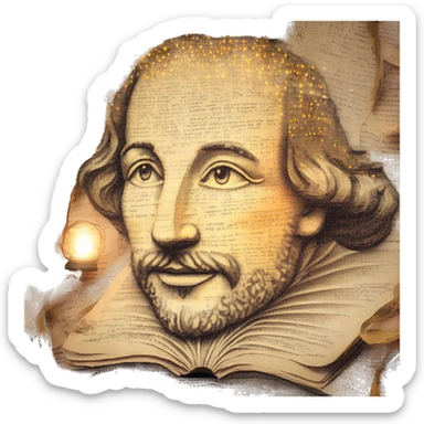 Glowing Shakespeare made of newspaper and bokeh fairy lights lanterns stained glass, fairy lights, bokeh, annotated sketch, handwritten letters, collage of intricate patterns, lantern, bokeh sticker