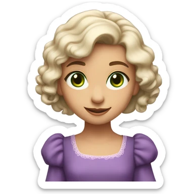 green eyes and a delicate face with a gentle smile. Her complexion is fair and radiant, and she wears a purple dress with puffed sleeves. Her expression is joyful, curious, and full of life, radiating softness and innocence. sticker