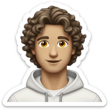 Brunette guy wavy medium curly hair with hazel eyes white wearing a hoodie sticker