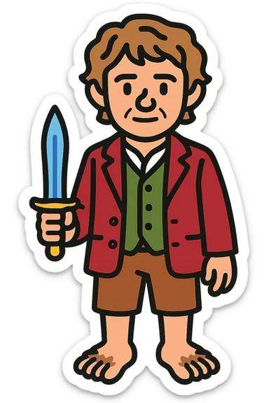 Whole body image of bilbo baggins from the hobbit movie in pixel art style. Bilbo is younger. Make Bilbo look like the actor that portrayed him in the movie, Martin Freeman. Bilbo is wearing the same red jacket, green vest, white undershirt, brown leather short pants, and hairy hobbit feet. He is holding a short sword that is glowing with a blue hue.  sticker
