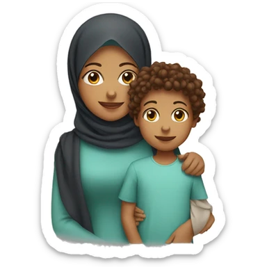 Hijab mother with a young son and daughter with brown curly hair sticker