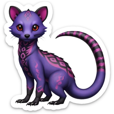 Rare warm-colored exotic gloomy tropical edgy cute epic aesthetic spooky indigo violet purple black red gothic colorful Salandit-Civet-species-Fakemon-hybrid-creature, with tribal tattoo markings, full body sticker