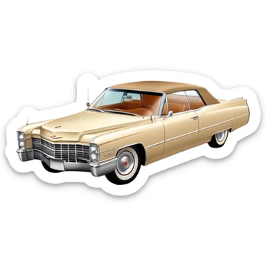 Classic beige 1966 Cadillac DeVille at perfect 30-degree angle, showing detailed front end and sleek side profile, elegant vintage luxury car from Once Upon a Hollywood, iOS emoji style sticker